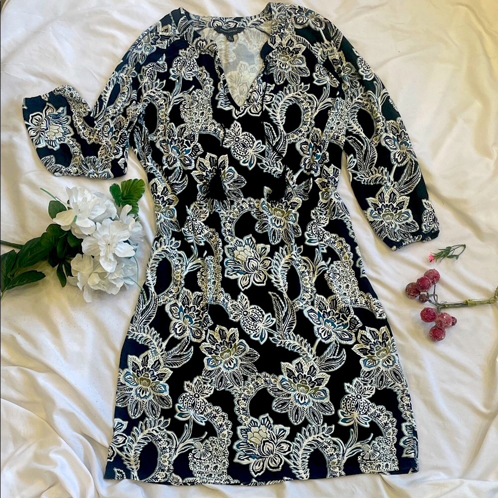 Banana Republic Floral V Neck Dress Tassel Long Sleeve Viscose Stretch Small